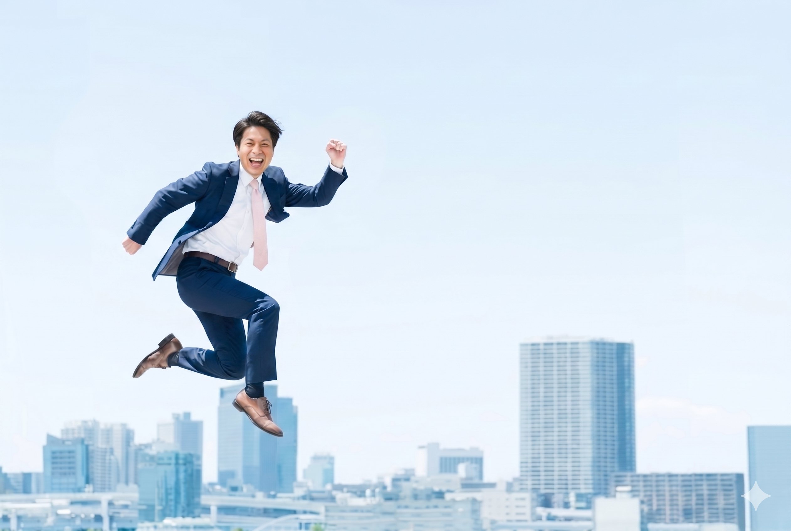 「もう一人いれば」を形に — ジャンプするビジネスマン